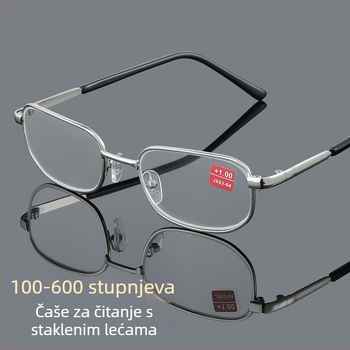 Naočale za čitanje, leće od stakla, dioptrija 450–600, zaštita od plavog svjetla, metalni puni okvir