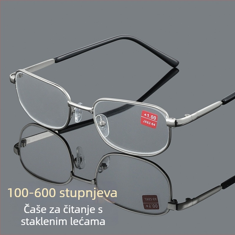 Naočale za čitanje, leće od stakla, dioptrija 450–600, zaštita od plavog svjetla, metalni puni okvir