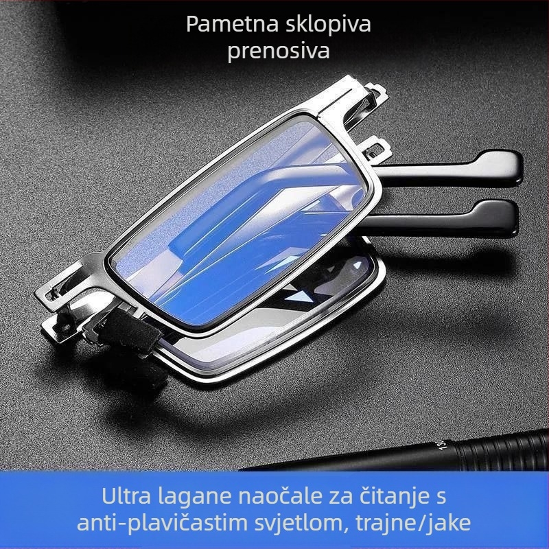 Presbiopijske naočale s zaštitom od plave svjetlosti, sklopive, kvadratni metalni okvir, PC leće, za odrasle