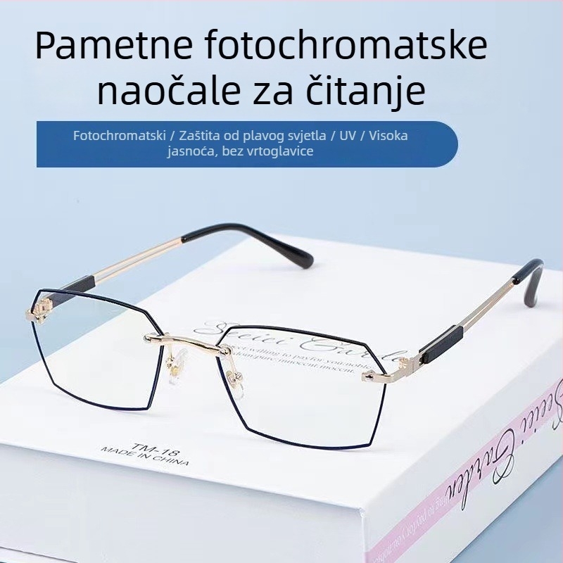 Yuxuan Bezramne naočale za čitanje s PC lećama, daleko i blizu, polygonalni oblik leća, okvir TR+metala