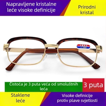 Presbiopijske naočale za osobe starije dobi, kvadratni metalni okvir, staklene leće, zaštita od plave svjetlosti, sprječavanje umora očiju