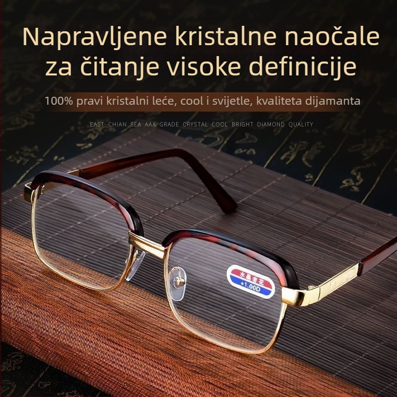 Presbiopijske naočale za osobe starije dobi, kvadratni metalni okvir, staklene leće, zaštita od plave svjetlosti, sprječavanje umora očiju