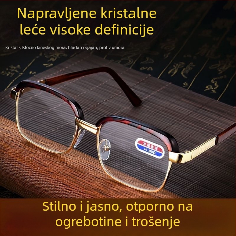 Presbiopijske naočale za osobe starije dobi, kvadratni metalni okvir, staklene leće, zaštita od plave svjetlosti, sprječavanje umora očiju