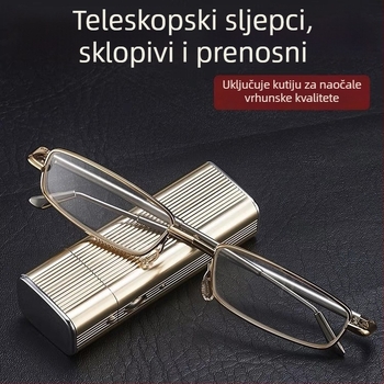 Naočale za čitanje s zaštitom od plavog svjetla i UV, kristalne leće, metalni okvir punog obujma, sklopive, kompaktne