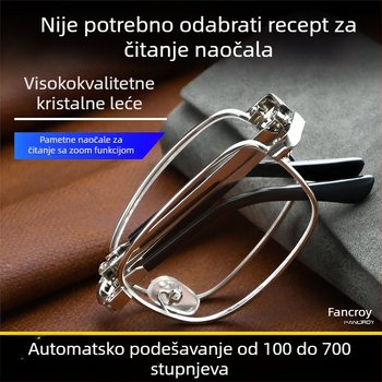 Presbiopijske naočale s automatskom prilagodbom dioptrije, staklo leće, metalni okvir, puni okvir, kvadratni oblik, vintage stil za starije muškarce