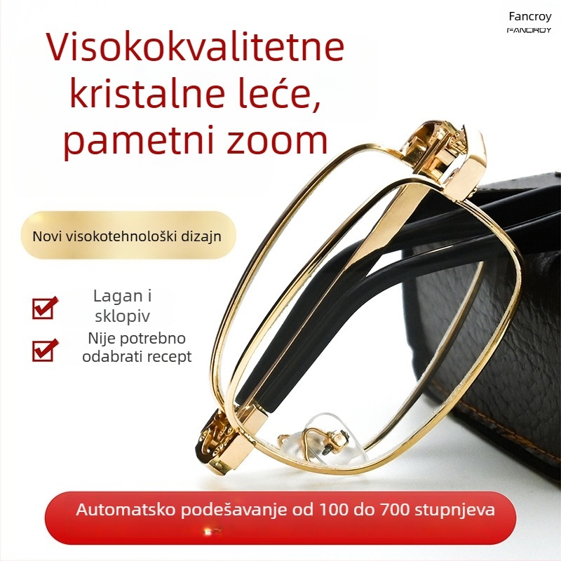 Presbiopijske naočale s automatskom prilagodbom dioptrije, staklo leće, metalni okvir, puni okvir, kvadratni oblik, vintage stil za starije muškarce