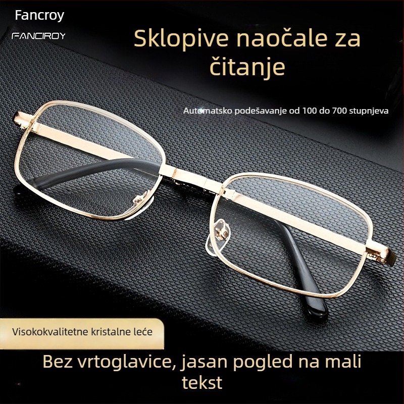Presbiopijske naočale s automatskom prilagodbom dioptrije, staklo leće, metalni okvir, puni okvir, kvadratni oblik, vintage stil za starije muškarce