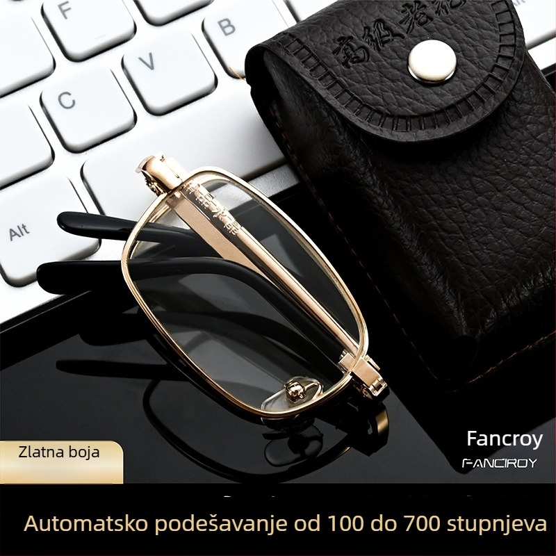 Presbiopijske naočale s automatskom prilagodbom dioptrije, staklo leće, metalni okvir, puni okvir, kvadratni oblik, vintage stil za starije muškarce