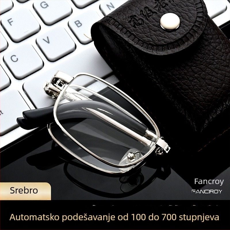 Presbiopijske naočale s automatskom prilagodbom dioptrije, staklo leće, metalni okvir, puni okvir, kvadratni oblik, vintage stil za starije muškarce