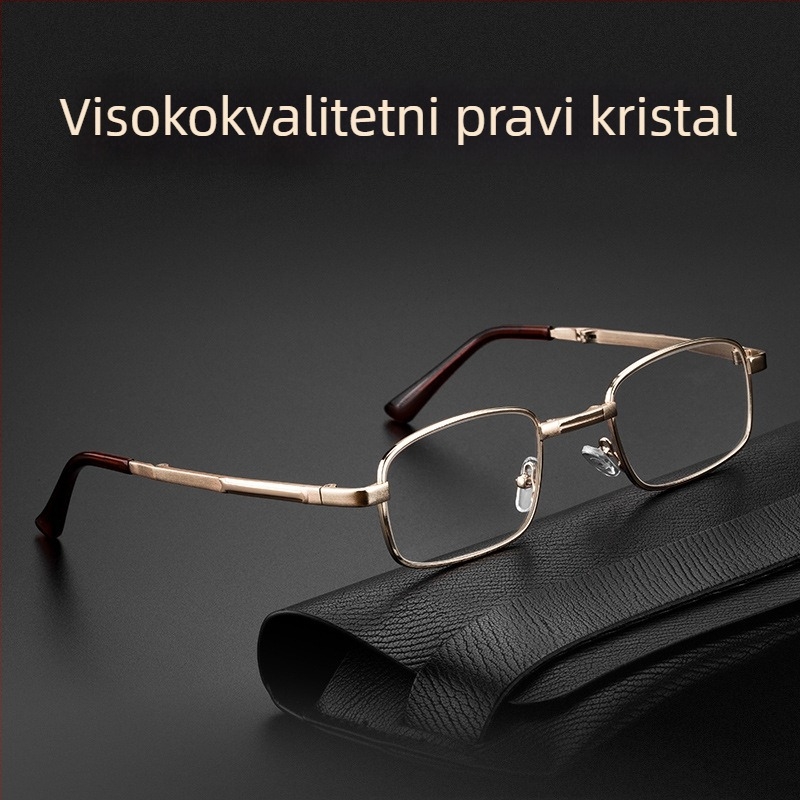 Naočale za čitanje – kristalne leće, asferične, otporne na udarce; komplet metalno kućište; kvadratni oblik; pogodne za duga lica