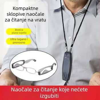 Naočale za čitanje, sklopne oko vrata, zaštita od plave svjetlosti, kompletni okvir, metalni okvir