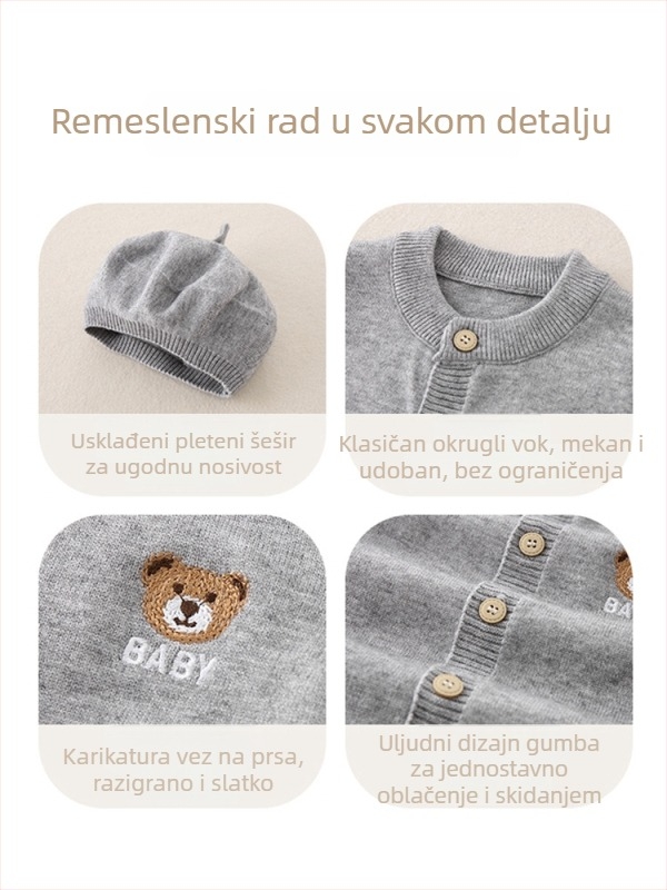 Korejski stil pleteni body za bebe s odvojivom kapom, dugi rukavi, dizajn puzanja, 100% poliester, pogodno za proljeće i jesen, sigurnosni razred A, uzrast 1–3 godine