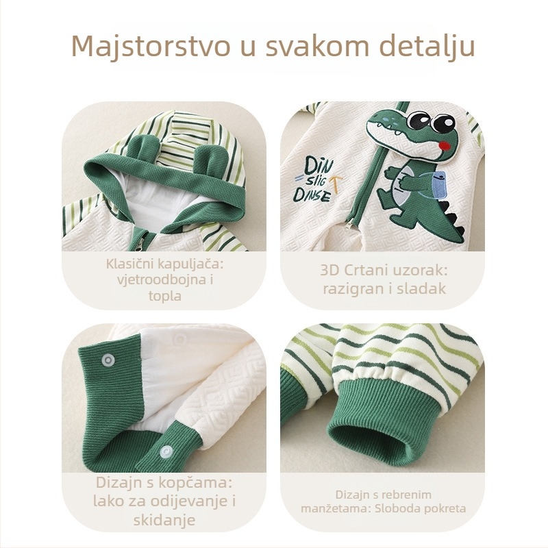 Bejbi onesie s cartoon krokodilom - kapuljača, dugi rukavi, poliester, unisex, korejski stil, proljeće i jesen
