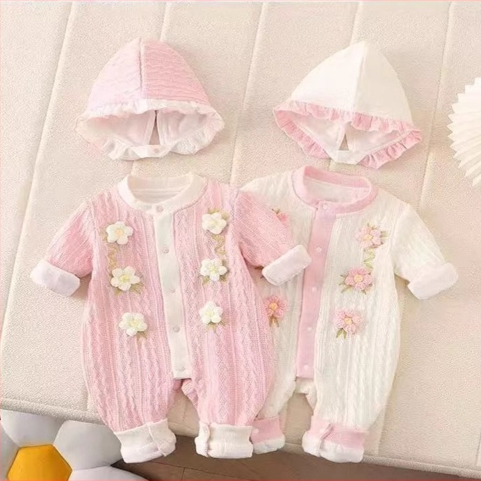 Romper za djevojčice, dvostruki sloj pamuka, dugi rukavi, odvojiva kapuljača, za proljeće-jesen, za novorođenčad 0–1 godina