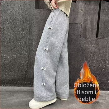 Djevojačne fleecem obložene hlače u korejskom stilu, casual, poliester 95%+, visok pas s elastičnim, duge