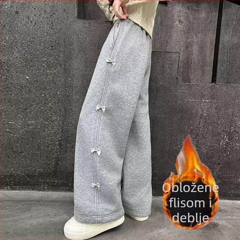 Djevojačne fleecem obložene hlače u korejskom stilu, casual, poliester 95%+, visok pas s elastičnim, duge