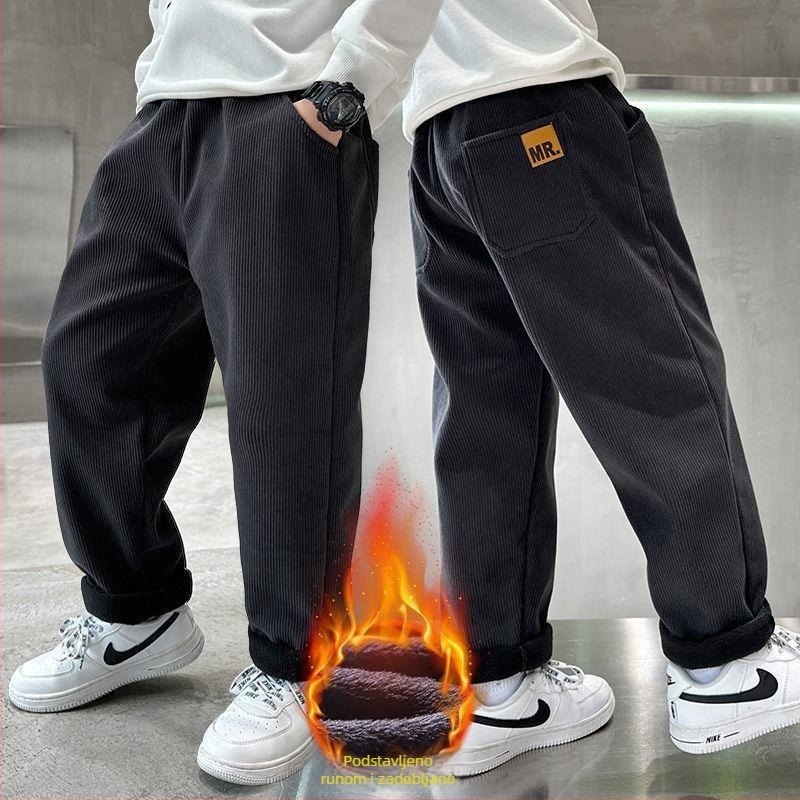 Kordurove hlače za dječake s flis unutarnjom, crne, ležerni zimski stil
