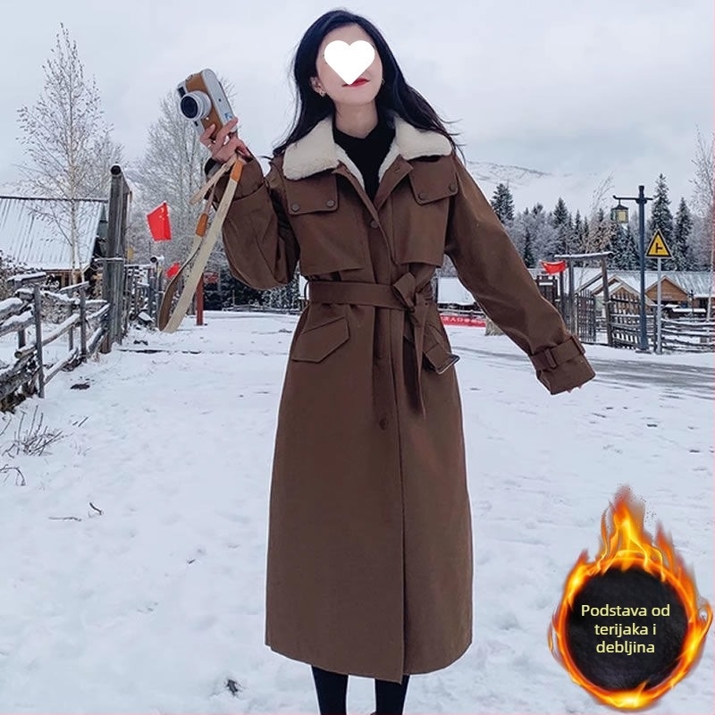 Ženski dugi parka s fleece podstavom i pamukovom ispunom, kragnom od krzna, gradski stil, zima 2024