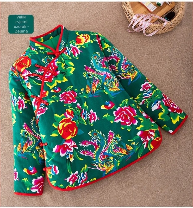 Ženska jakna od poliestera s punilom od svile-pamuka, etnički floralni uzorak, stojeći ovratnik, srednja duljina, opušten kroj