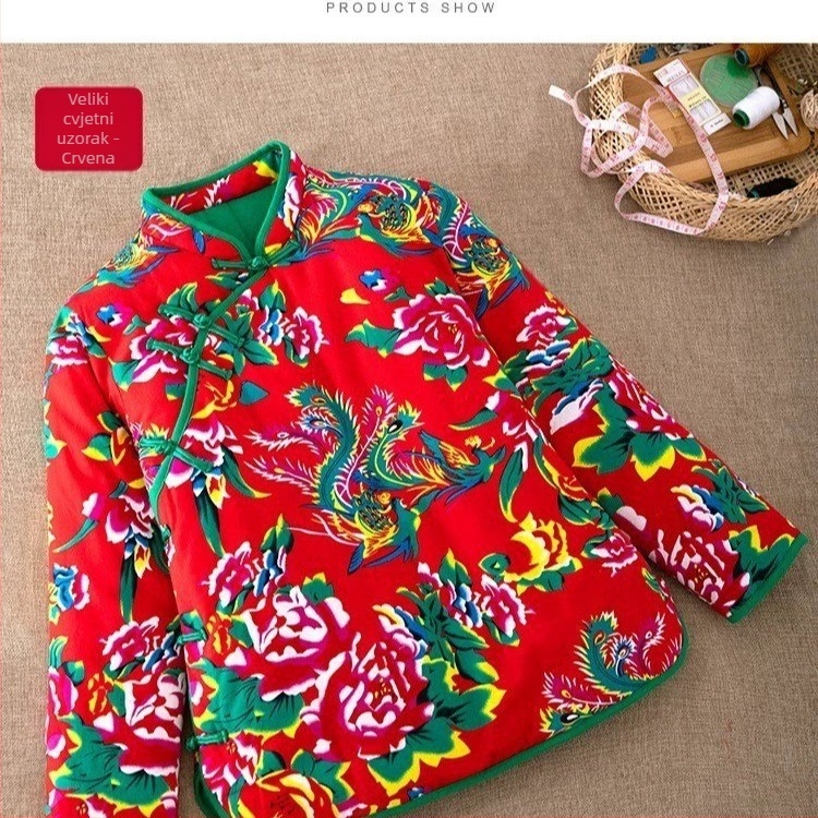 Ženska jakna od poliestera s punilom od svile-pamuka, etnički floralni uzorak, stojeći ovratnik, srednja duljina, opušten kroj