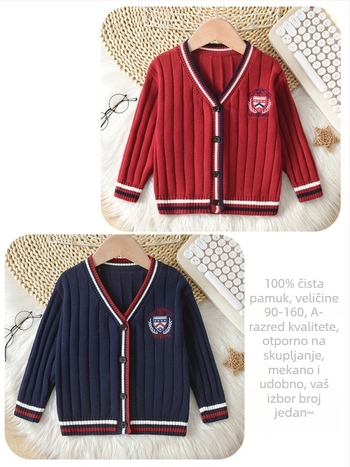 Dječji prugasti pleteni kardigan, pamuk 100%, V-izrez, dugi rukavi, prednje kopčanje jednim gumbom, akademski stil, za djecu 3–8 godina, jesen–zima