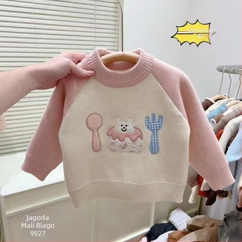 Dječji pleteni pulover s dizajnom jagode u karikaturi, debeli flis, jesen-zima, korejski stil, za dob 3–8 godina