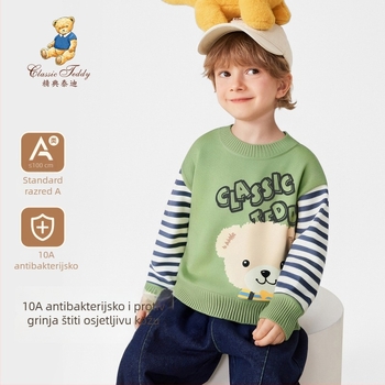 Dječji pleteni pulover s crtanim motivom i patchwork prugama, pamuk mješavina 57% pamuka, jesen–zima