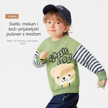 Dječji pleteni pulover s crtanim motivom i patchwork prugama, pamuk mješavina 57% pamuka, jesen–zima