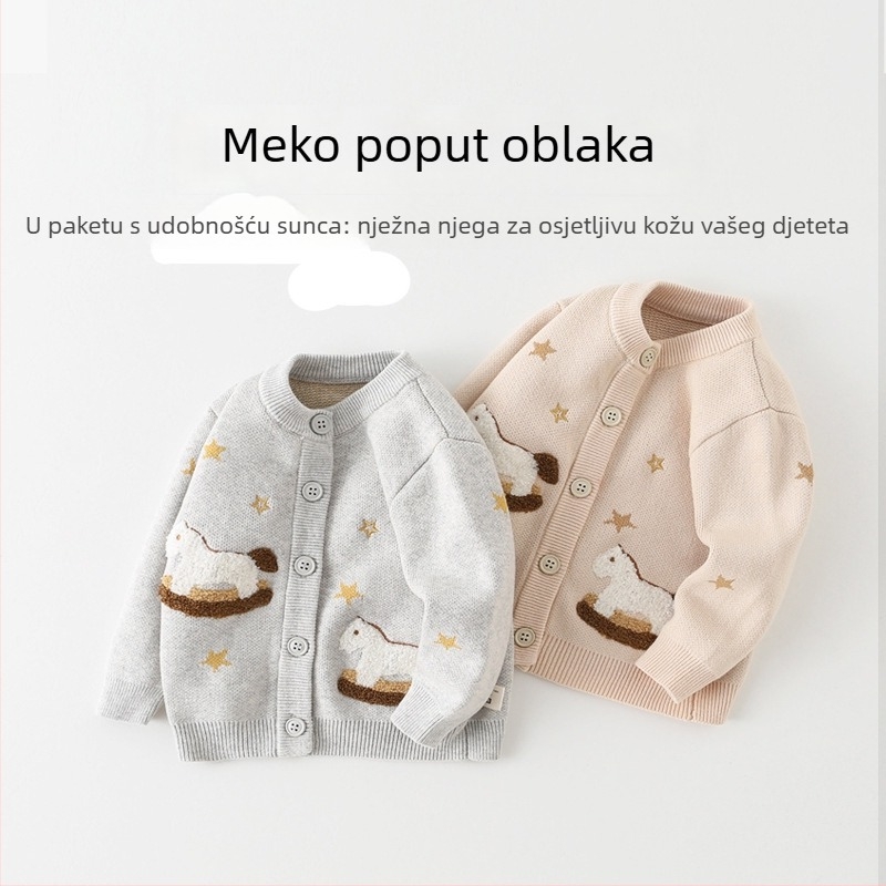 Dječji pleteni kardigan s motivom životinja, unisex dizajn, dugi rukavi, 98,5% pamuk