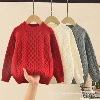 Dječji pleteni pulover, korejskog stila, debeli pleteni materijal, dugi rukav, okrugli ovratnik, 50% pamuk
