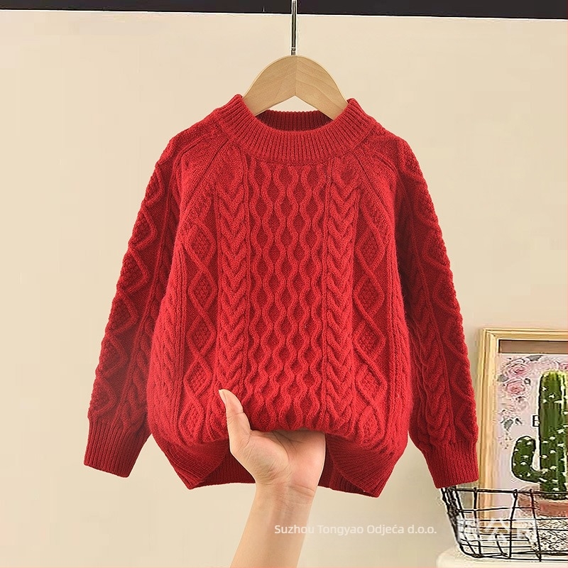 Dječji pleteni pulover, korejskog stila, debeli pleteni materijal, dugi rukav, okrugli ovratnik, 50% pamuk