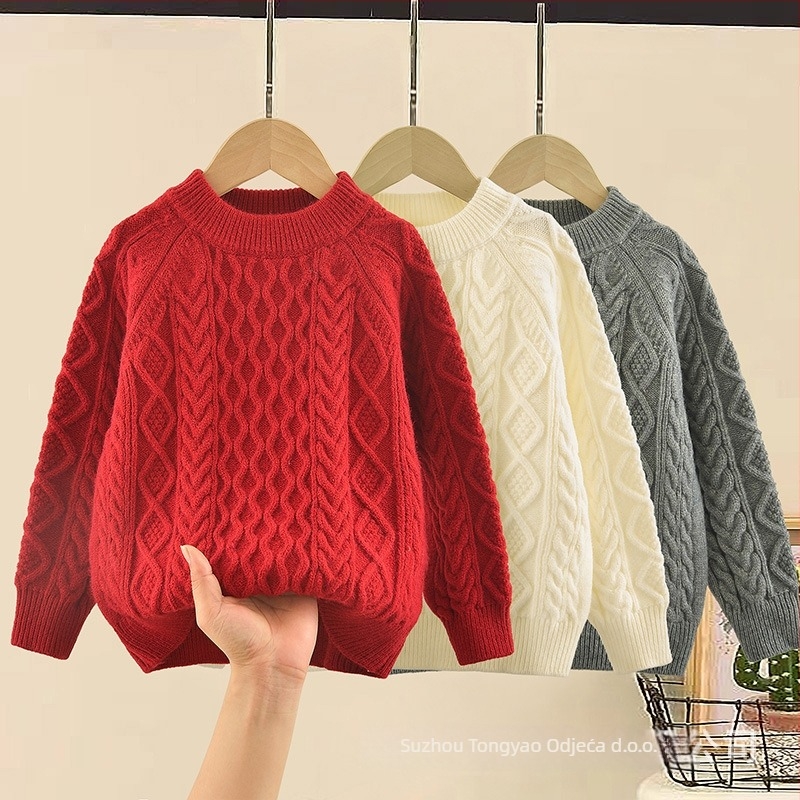 Dječji pleteni pulover, korejskog stila, debeli pleteni materijal, dugi rukav, okrugli ovratnik, 50% pamuk