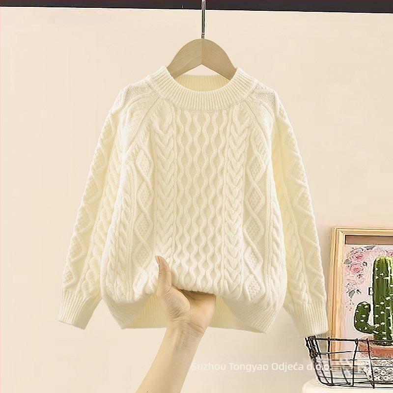 Dječji pleteni pulover, korejskog stila, debeli pleteni materijal, dugi rukav, okrugli ovratnik, 50% pamuk