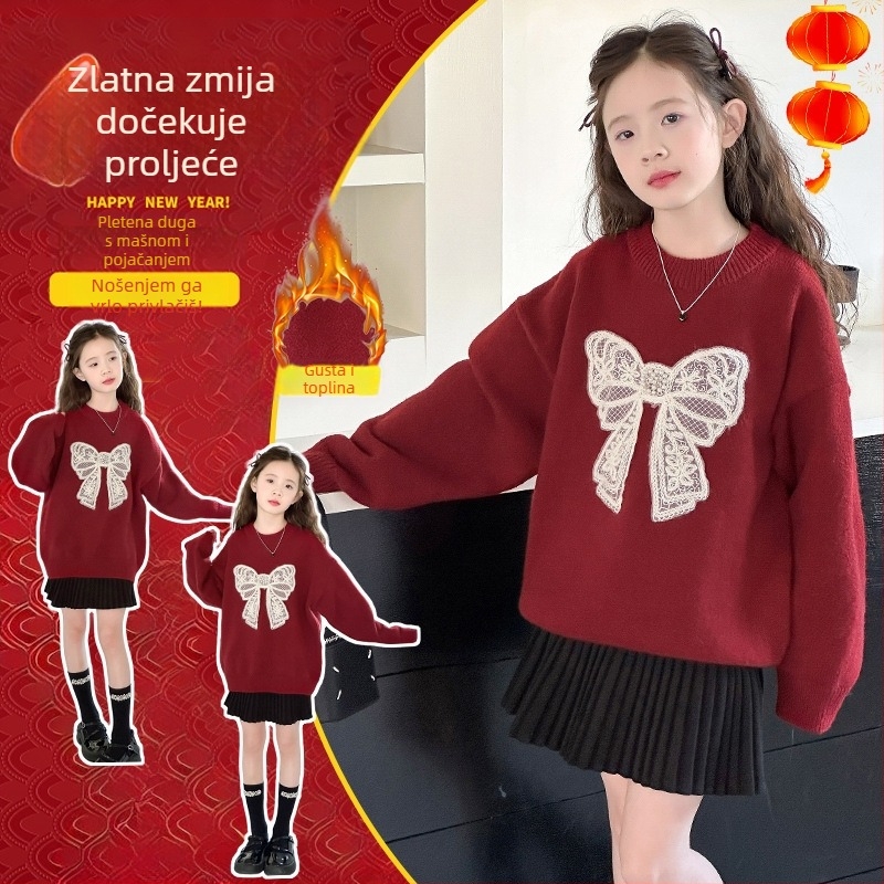 Dječji pulover za djevojčice, okrugli izrez, dugi rukavi, preko glave, za uzrast 3-8 godina, zima-proljeće-jesen, normalna debljina, poliester.