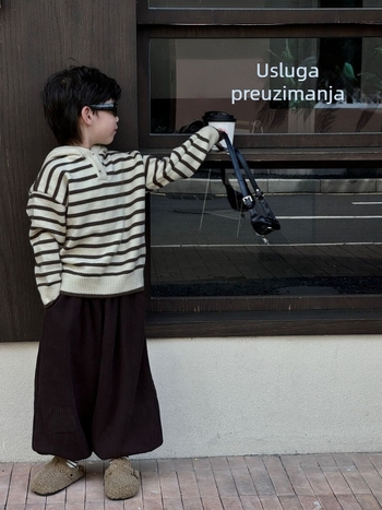 Dječji pulover s kapuljom i prugama, debeli pamuk, okrugli izrez, dugi rukavi, za djecu 3–8 godina, zimska verzija 2025.