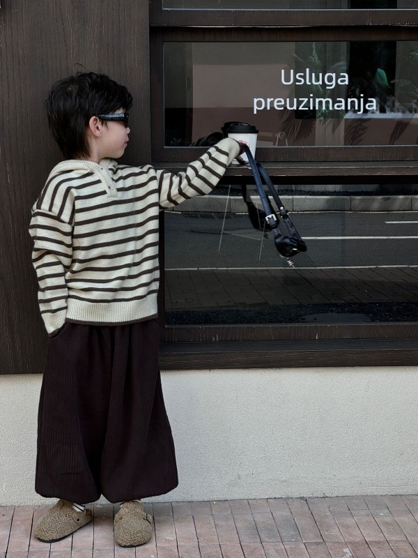 Dječji pulover s kapuljom i prugama, debeli pamuk, okrugli izrez, dugi rukavi, za djecu 3–8 godina, zimska verzija 2025.