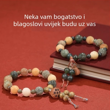 Ženski ručno izrađeni drveni narukvica s Bodhi korijenom, lotos motivi i Boga bogatstva, brend Badu