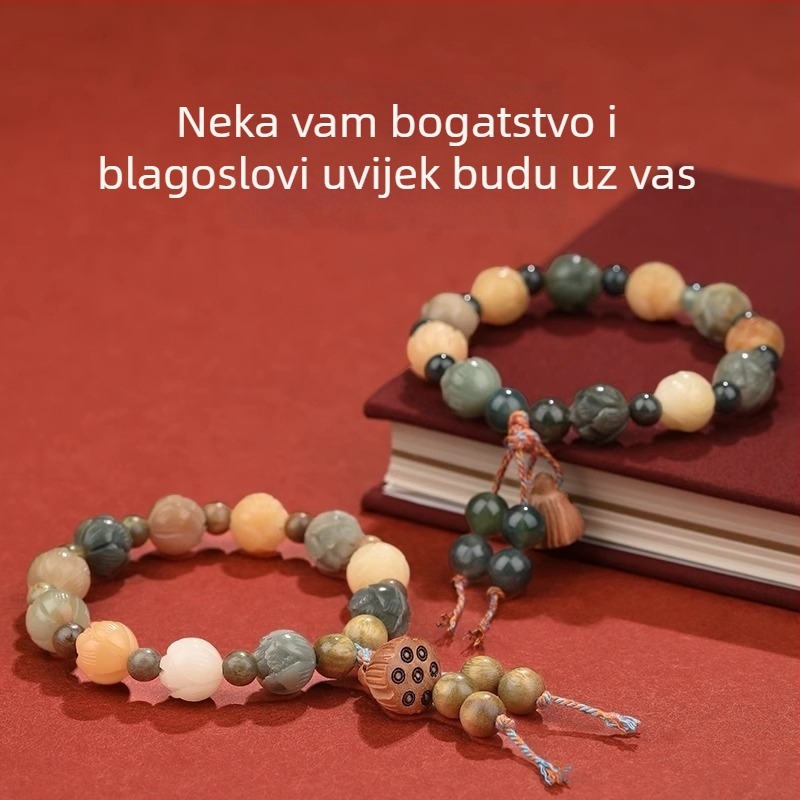 Ženski ručno izrađeni drveni narukvica s Bodhi korijenom, lotos motivi i Boga bogatstva, brend Badu