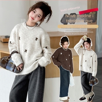 Dječji pulover za djevojčice, korejski stil, debeli pleteni, dugi rukavi, okrugli izrez, mješavina vune i poliestera (75% poliestera), mekana obrada, zima 2025