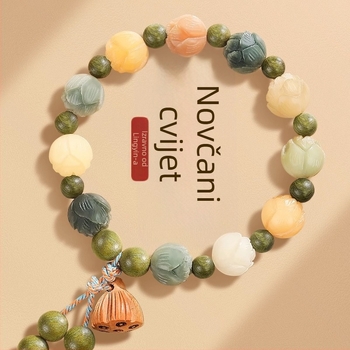 Badu drveni narukvica - Ručno izrađena, za žene, kineski stil, rombo dizajn, motiv lotosa Bodhi korijena i Boga bogatstva