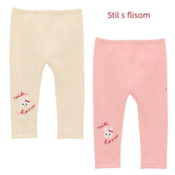 Dječje flisane legice za zimu s karikaturom zeko i izvezenim slovima, 85% pamuka, srednji porast, elastični pojas
