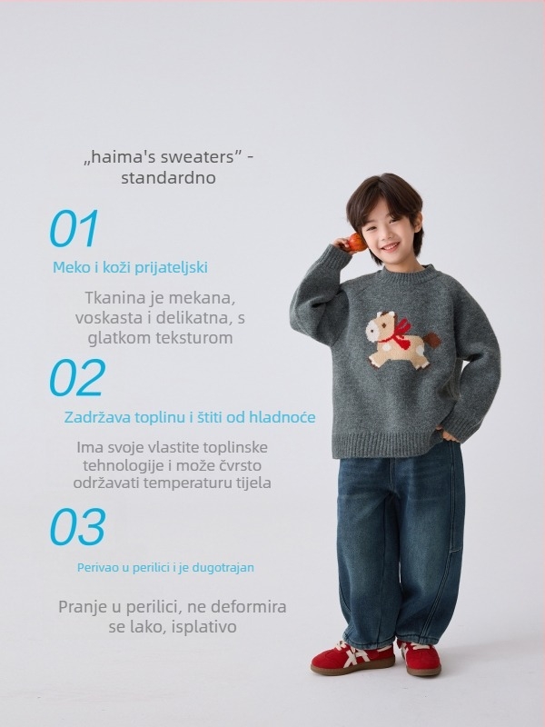 Dječji pleteni džemper za dječake, korejskog stila, debeli pleteni materijal, akril 43%, zima 2025