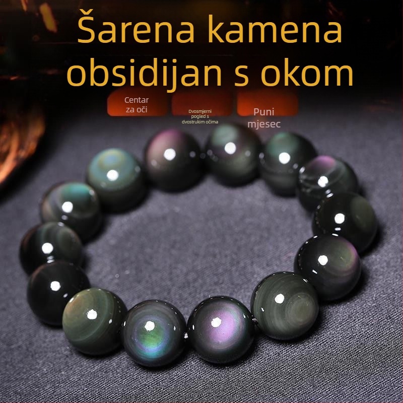 Prirodna narukvica od obsidijana s duginim očima, jednostruka nit, dvostruka oka, unisex, ručna izrada, 10 mm perle