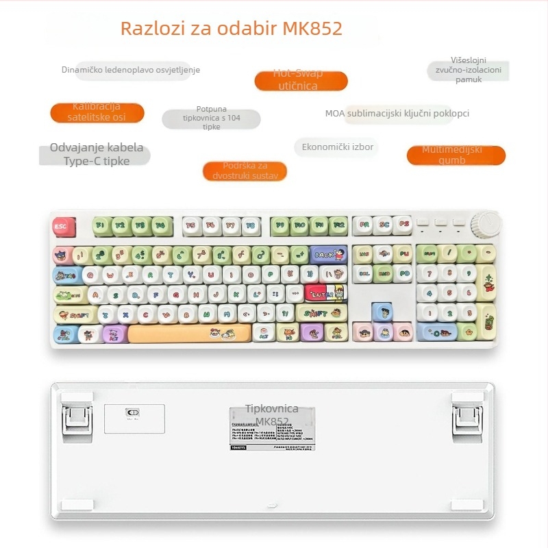 Zhuoqi mehanička tipkovnica, 104 tipke, zeleni prekidači, žičana veza, kabel 1,6 m, jednobojno pozadinsko osvjetljenje