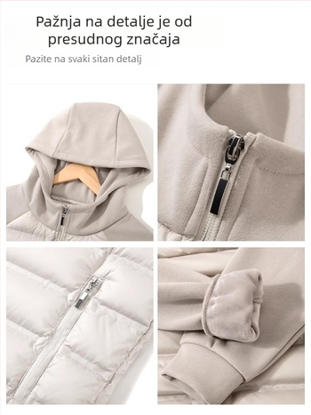 Ženska jakna s bijelim pačjim perjem, 50% sadržaj perja, debeli dizajn, kratka duljina 40–50 cm, prednji zip, dugi rukavi, spandex materijal