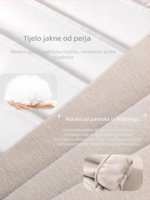 Ženska jakna s bijelim pačjim perjem, 50% sadržaj perja, debeli dizajn, kratka duljina 40–50 cm, prednji zip, dugi rukavi, spandex materijal