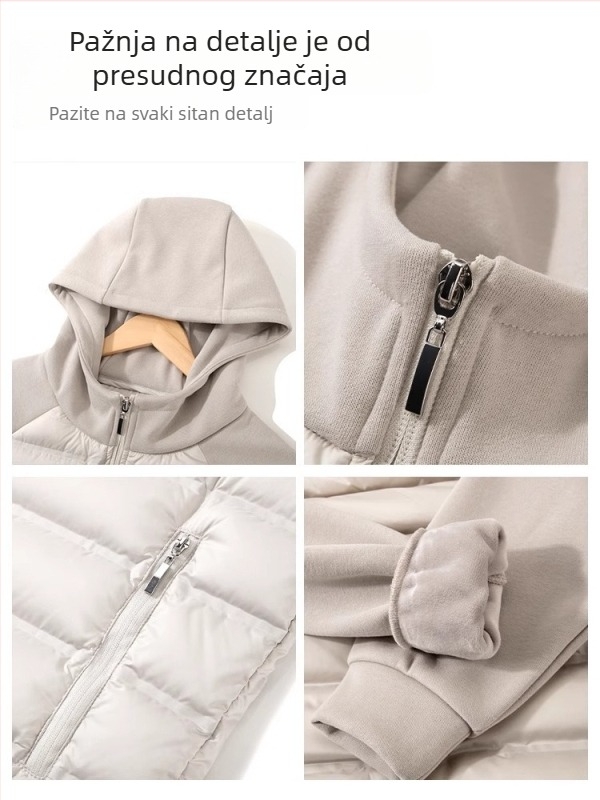 Ženska jakna s bijelim pačjim perjem, 50% sadržaj perja, debeli dizajn, kratka duljina 40–50 cm, prednji zip, dugi rukavi, spandex materijal