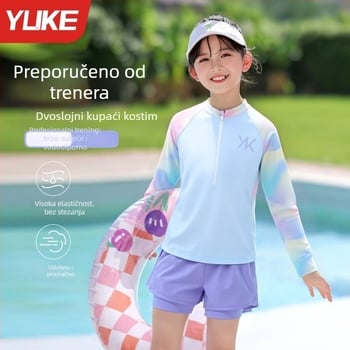 Djevojački dvodijelni kupaći kostim s dugim rukavima, zaštita od sunca, plivački trening set, novi model 2025