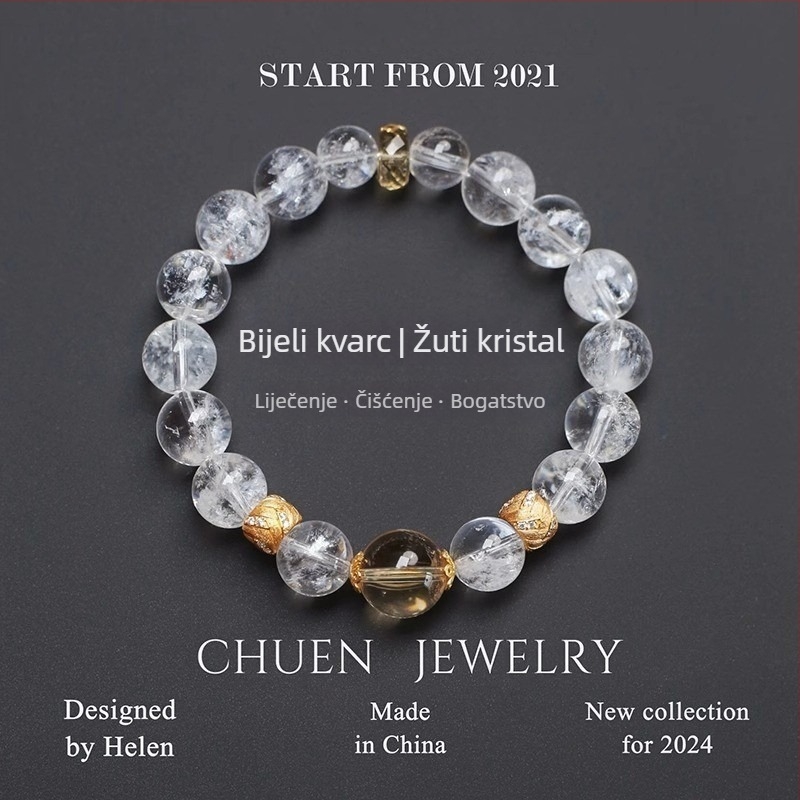 Narukvica od bijelog kristala, bočni citrini, srebro-pozlata površina, stil lagani luksuz