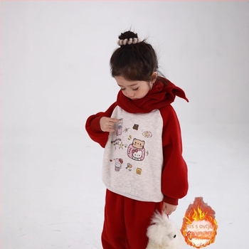 Dječji dvodijelni zimski komplet: pulover bez kapuljače i hlače s crtanim printom, korejski stil, za djecu 3-8 godina, 52% pamuk